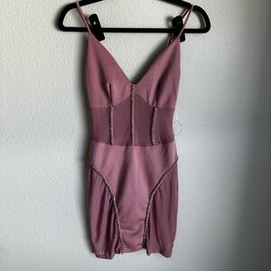 Chic Mauve Mini Dress with Beaded Rhinestone Accents